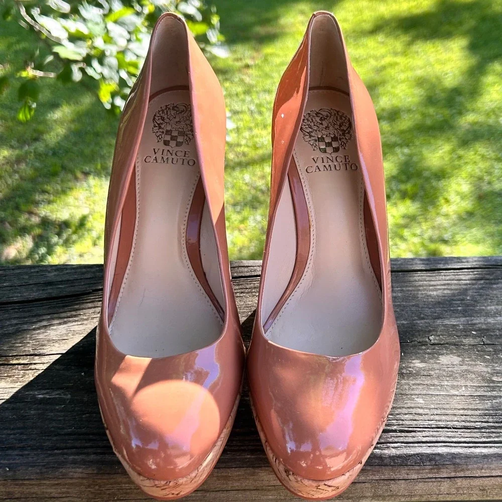 Vince Camuto Wedges Faran Size 10‎ Nude Patent Leather Cork Platform Boho Chic